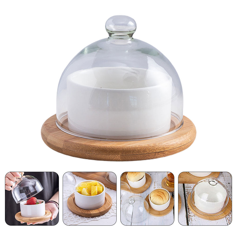 Plastic Dome Clear - セラミック製サラダボウルセット、クリアガラスドーム蓋付き、天然木製トレイ、野菜やデザート用の高級ディナーパーティーサービングディッシュ